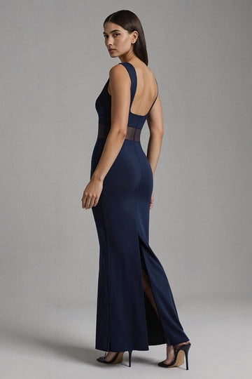 Robe formelle maxi à col bateau sirène bleu marine